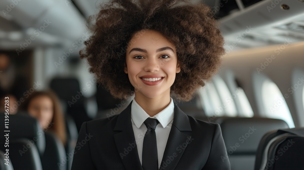 flight attendant with curly hair stands confidently in the aisle of an airplane, smiling warmly at passengers seated nearby as the flight is in progress flight attendant with curly hair stands confidently in the aisle of an airplane, smiling warmly at passengers seated nearby as the flight is in progress