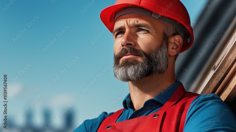 man with a beard wearing a bright red hard hat and safety vest stands at a construction site, gazing confidently into the distance against a backdrop of blue skies and city buildings man with a beard wearing a bright red hard hat and safety vest stands at a construction site, gazing confidently into the distance against a backdrop of blue skies and city buildings