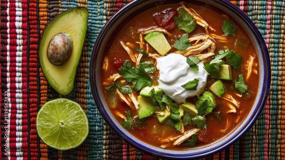 Delicious chicken soup, garnished with avocado, cilantro, and sour cream, on a colorful table setting. Delicious chicken soup, garnished with avocado, cilantro, and sour cream, on a colorful table setting.
