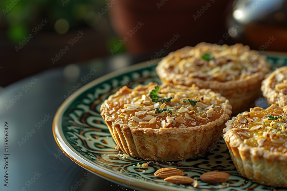 A plate of four small pastries with nuts on top A plate of four small pastries with nuts on top