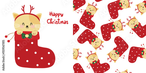 Cute Christmas cat card and cute cartoon cat pattern in stocking cute Christmas and winter wallpaper for fabric prints, gift wrapping paper