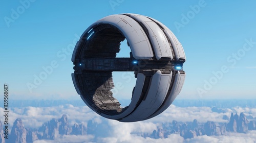 large spherical object hovers gracefully in a clear blue sky above rugged mountains. structure features a sleek design with lighted accents, suggesting advanced technology and exploration