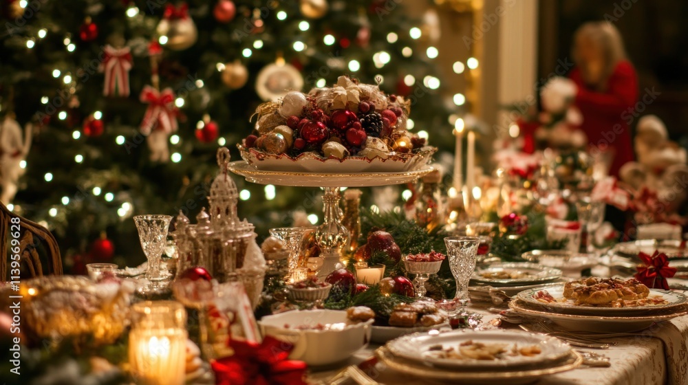Festive Christmas dinner table setting with decorated Christmas tree in the background. Festive Christmas dinner table setting with decorated Christmas tree in the background.