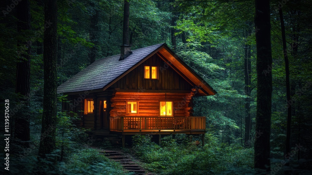 Cozy log cabin nestled in a dark, lush forest at night. Warm light from the windows illuminates the structure. Cozy log cabin nestled in a dark, lush forest at night. Warm light from the windows illuminates the structure.