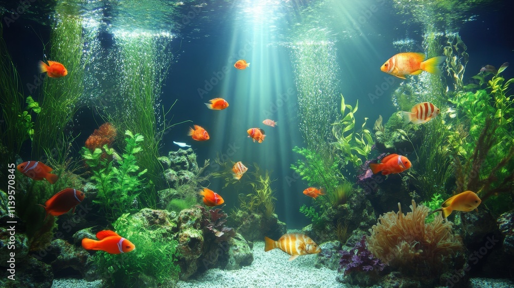 Naklejka premium Colorful Aquatic World, Calm Waters, Marine Life Serenity, Vibrant Fish Tank