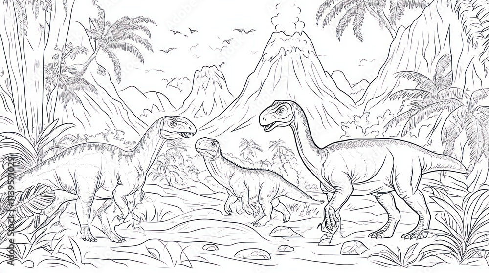 Naklejka premium Prehistoric scene with dinosaurs in a lush jungle environment, featuring a volcano in the background.
