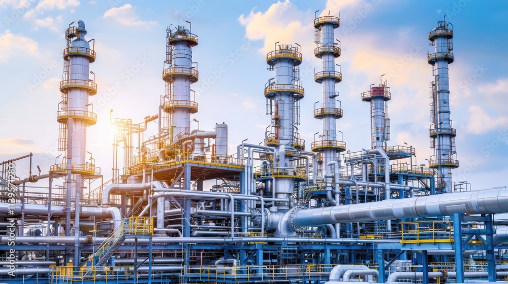 Industrial refinery complex at sunset, showcasing numerous distillation towers, pipelines, and structural elements. Industrial refinery complex at sunset, showcasing numerous distillation towers, pipelines, and structural elements.