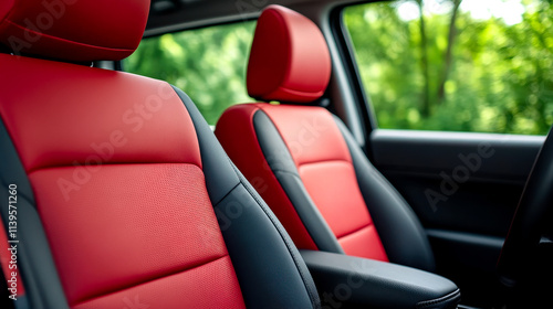 A sleek interior featuring red and black leather car seats, set against a vibrant green background, showcasing modern automotive design. photo