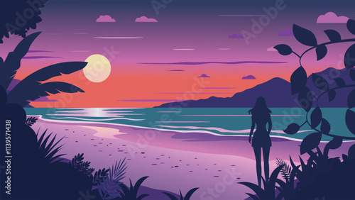 Back View of Woman Silhouette on the Beach Landscape with Tropical Plants and Sun at Sunrise Sunset