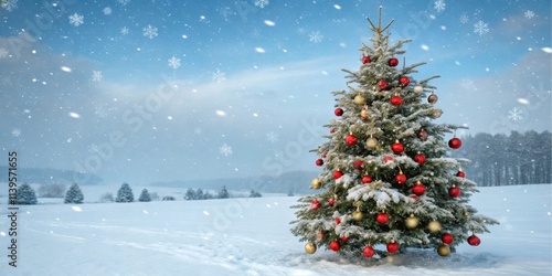 A snow-covered Christmas tree adorned with red and gold ornaments stands in a tranquil winter landscape, snowflakes gently falling from a clear blue sky. photo