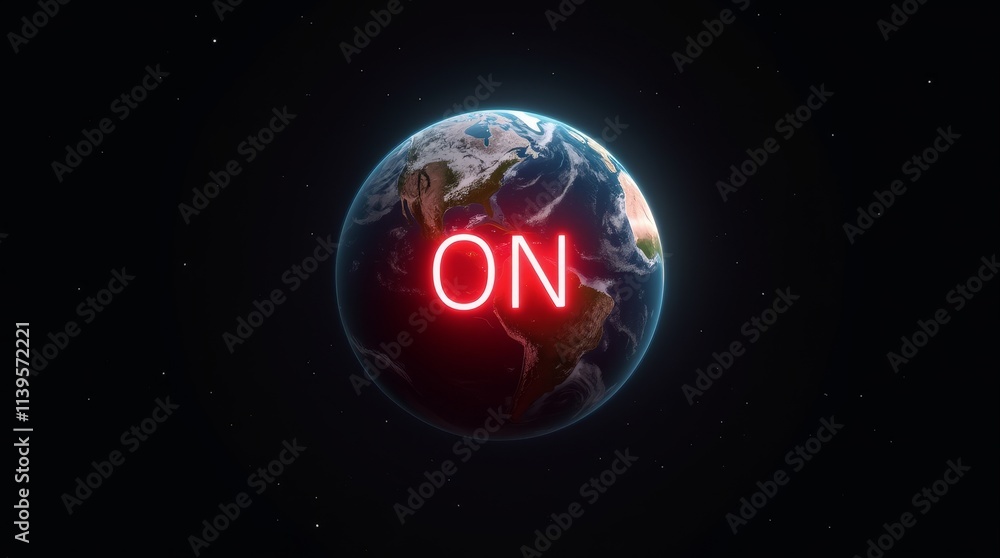 Earth planet illuminated in space with red neon word ON written across it on a dark background. Minimalistic global energy concept Earth planet illuminated in space with red neon word ON written across it on a dark background. Minimalistic global energy concept