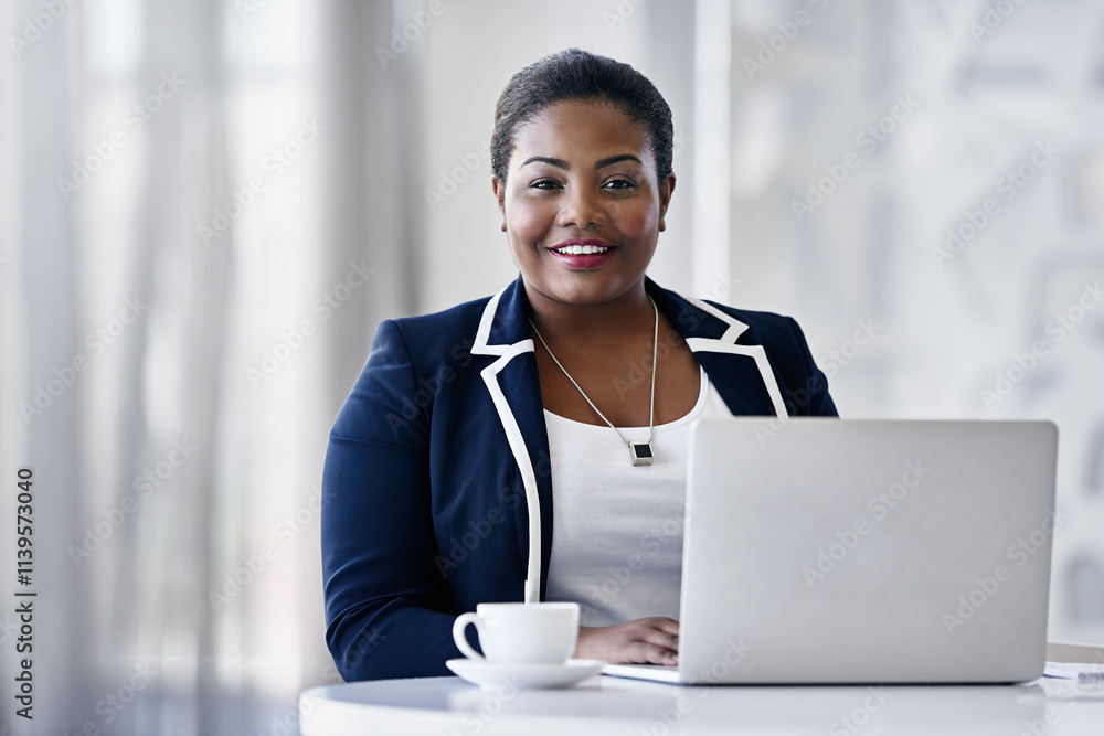Happy, portrait and woman with laptop, business and tech for financial report, corporate and smile. Confident, ambitious and black person with information for project, auditor and coffee for morning Happy, portrait and woman with laptop, business and tech for financial report, corporate and smile. Confident, ambitious and black person with information for project, auditor and coffee for morning