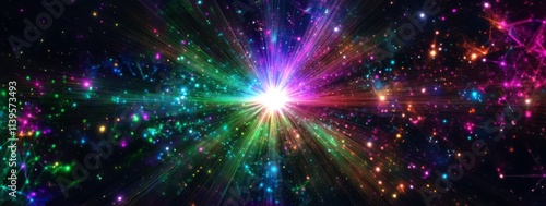 A vibrant cosmic explosion of rainbow light and stars photo