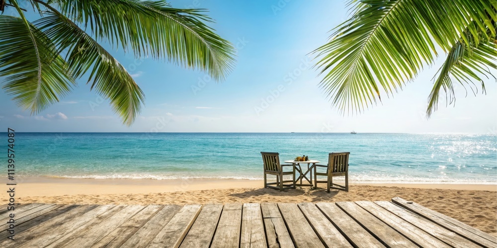 Peaceful tropical beach scene with wooden table and chairs on sandy shore