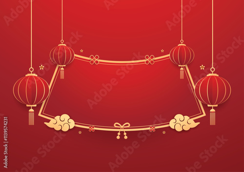 Happy Chinese new year 2025. Chinese new year banner for show product. Greeting card. China frame with lantern on red background.