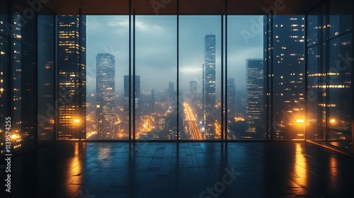 Minimalist modern loft with high ceilings, dim lights, and view of skyscrapers at night photo