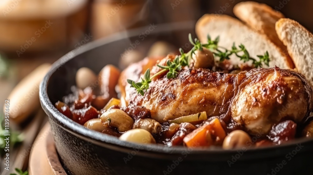 Hearty chicken stew in a cast iron skillet with vegetables and bread. Hearty chicken stew in a cast iron skillet with vegetables and bread.