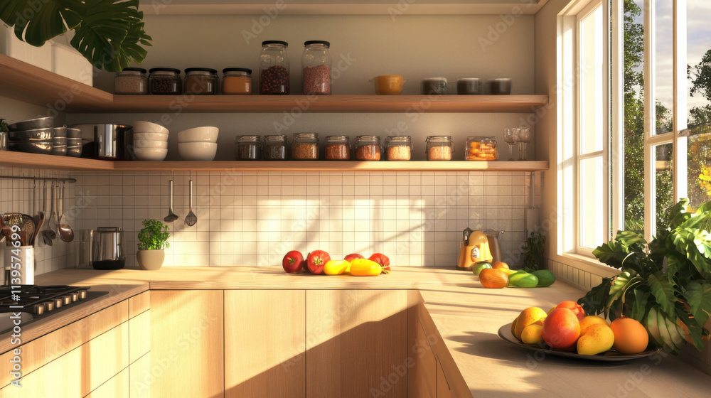 Bright and Inviting Modern Kitchen with Open Shelves and Fresh Produce Creating a Cozy Atmosphere for Cooking and Gathering Bright and Inviting Modern Kitchen with Open Shelves and Fresh Produce Creating a Cozy Atmosphere for Cooking and Gathering