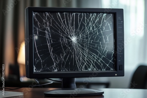 A close-up view of a broken monitor screen featuring intricate crack patterns. The striking detail emphasizes the impact of digital age frustrations. Generative AI photo