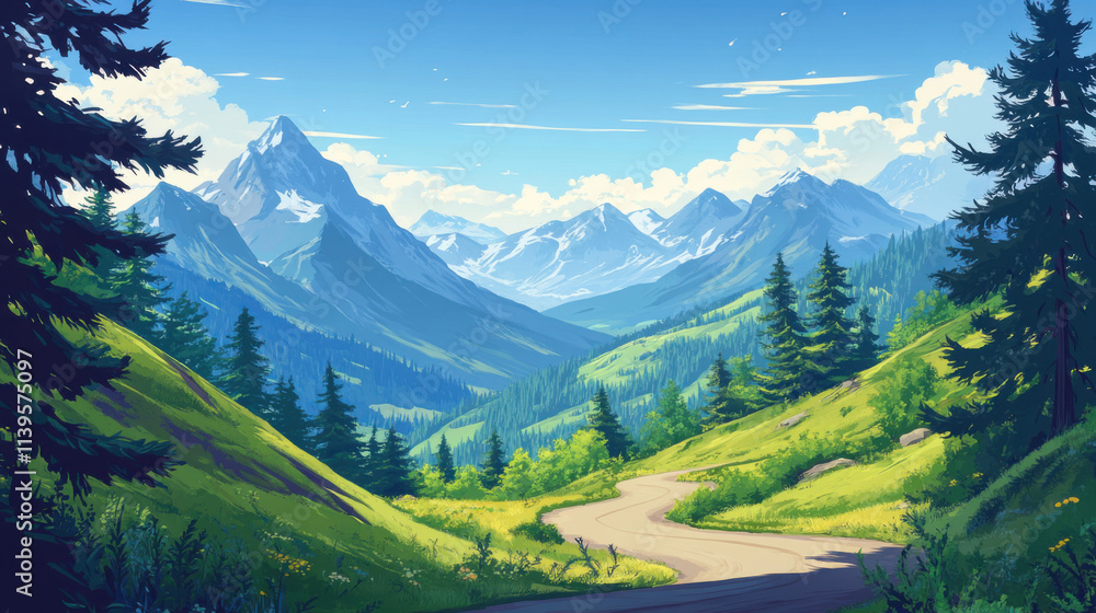 Fototapeta premium Scenic Mountain Landscape with Lush Green Valleys, Snow-Capped Peaks, and a Winding Path under a Bright Blue Sky and Fluffy White Clouds