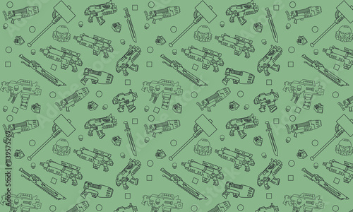 seamless pattern with detailed icons of weapons, kill team, 40,000. Thin line icons