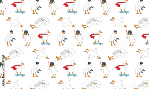 cute seamless pattern with geese. The goose plays with virtual reality glasses, rides a skateboard, and fights with a lightsaber.