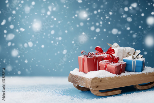 wooden sledge with gifts on a light blue background. winter background with copy space
