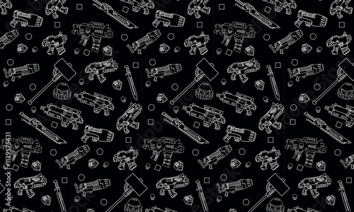 seamless pattern with detailed icons of weapons, kill team, 40,000. Thin line icons
