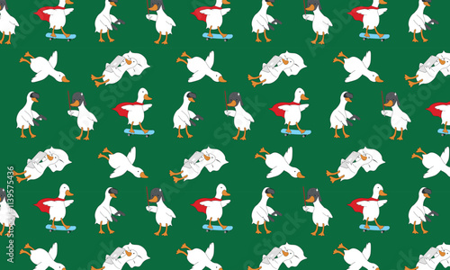 cute seamless pattern with geese. The goose plays with virtual reality glasses, rides a skateboard, and fights with a lightsaber.