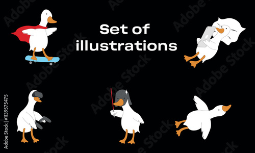 cute doodle geese. The goose plays with virtual reality glasses, rides a skateboard, and fights with a lightsaber.