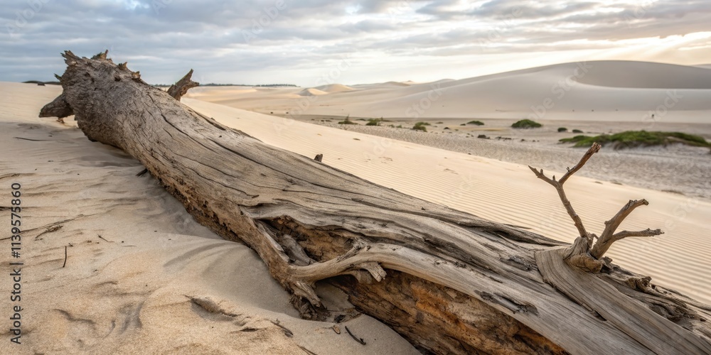 Weathered driftwood rests on a sandy dune, a testament to time and nature's relentless forces Weathered driftwood rests on a sandy dune, a testament to time and nature's relentless forces