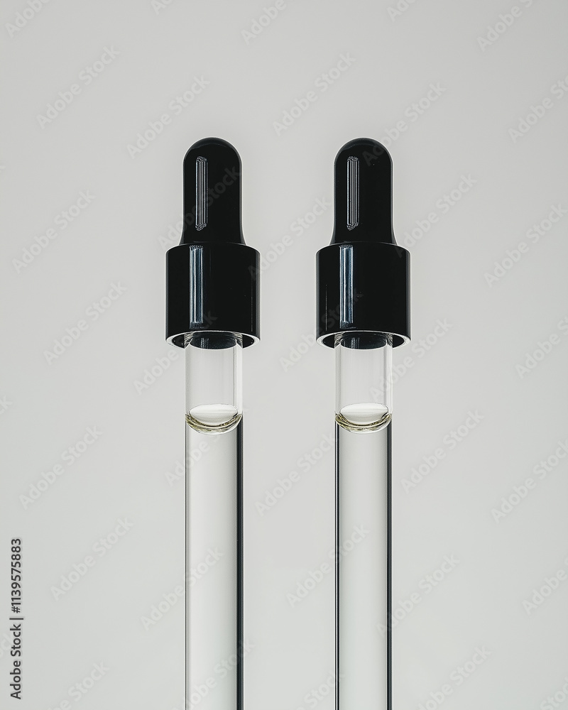 Fototapeta premium Closeup of two black droppers filled with cosmetic oil background
