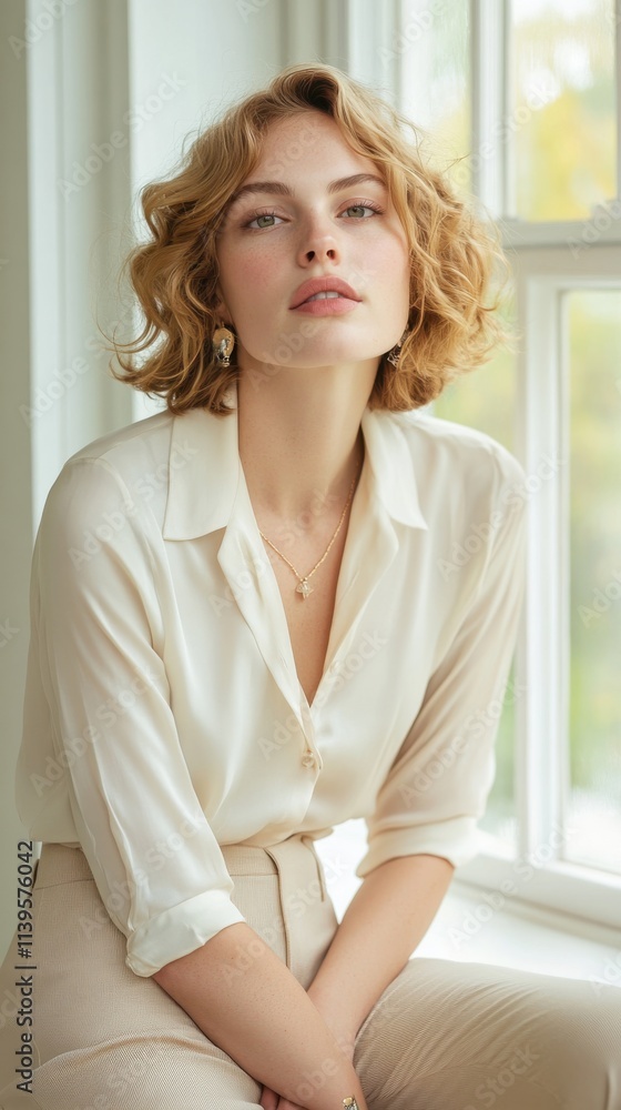 Elegant Young Woman Posing Thoughtfully Near a Window in Bright Natural Light, Wearing a Chic Outfit and Soft Makeup for a Fashionable Lifestyle Photo Elegant Young Woman Posing Thoughtfully Near a Window in Bright Natural Light, Wearing a Chic Outfit and Soft Makeup for a Fashionable Lifestyle Photo