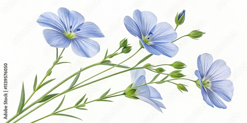 Obraz premium A Delicate Bouquet of Pale Blue Flax Flowers with Buds and Stems Isolated on White
