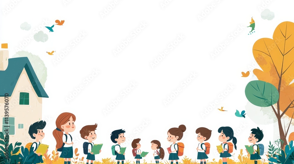 Fototapeta premium Illustration of school outing for students. Leave a blank background. copy space 