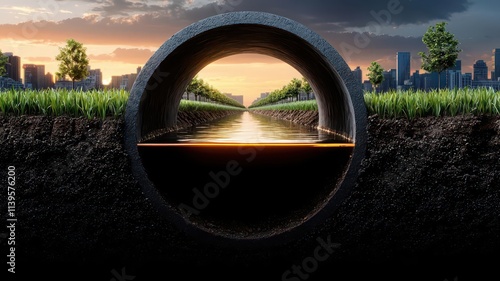 Cross section view of underground wastewater pipes beneath a city street, concept of hidden pollution flow, urban industrial aesthetic, clean cutaway design