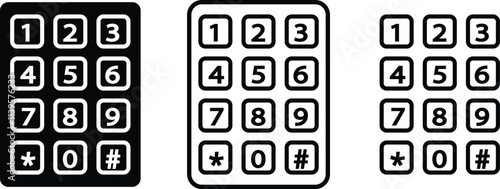 Number pad icons set. Smartphone dial keypad design. Mobile phone numbers panel with numbers and letters. Dial buttons user interface display design vector isolated on transparent background.