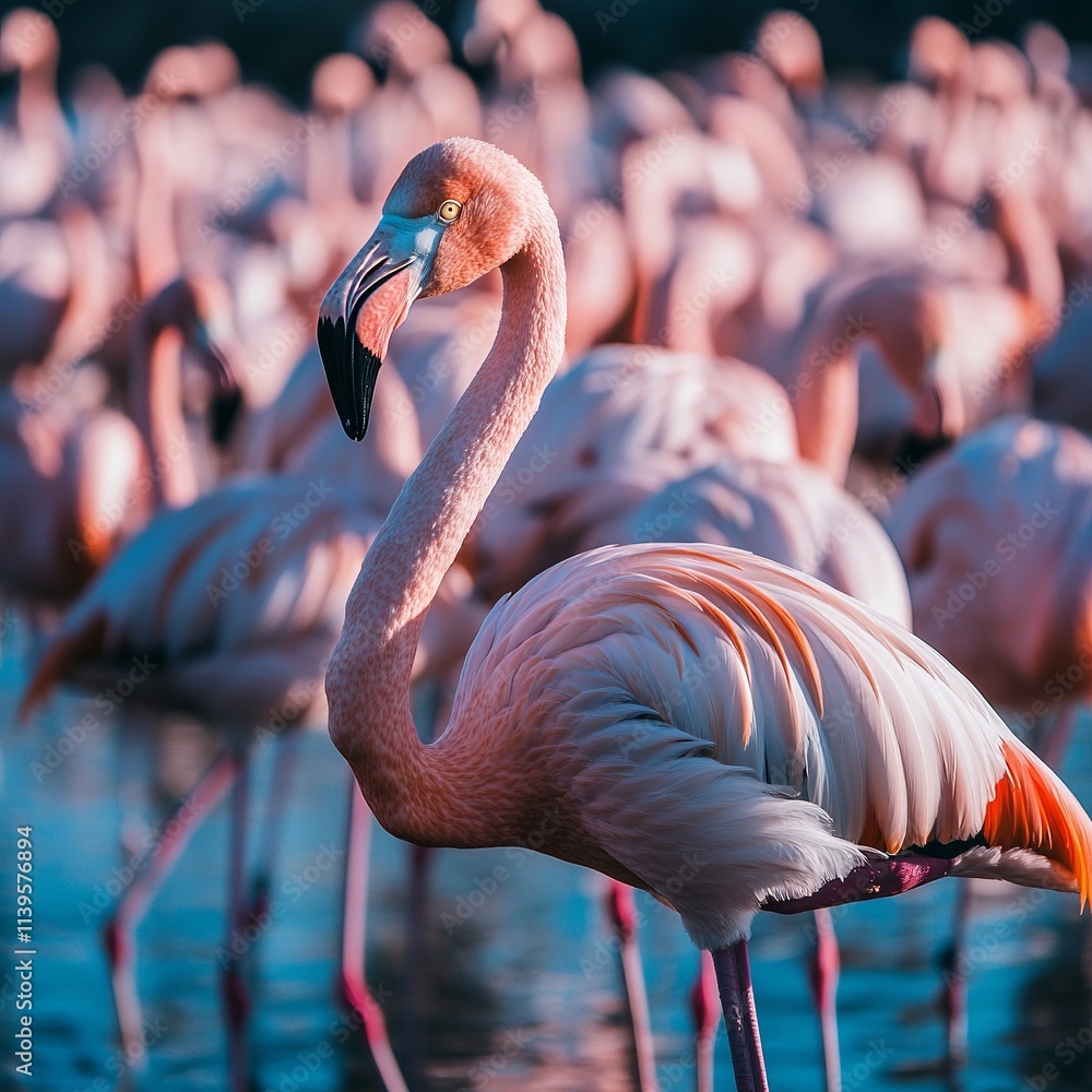 Obraz premium wildlife photo of a flamingo flock in a wetland, telephoto lens capturing sharp details, ISO 400 for brightness, and eye-level shot