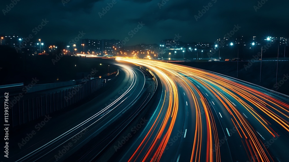 Night Highway with Light Trails. Concept of speed, urban life, and modern transportation. Night Highway with Light Trails. Concept of speed, urban life, and modern transportation.