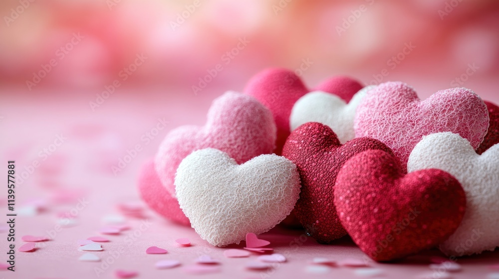 Pile of small, textured hearts in various shades of pink and red, on a pastel pink background with scattered confetti hearts.