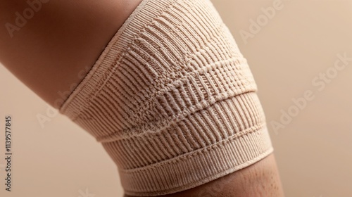 Therapeutic knitted leg bandage in beige against neutral background