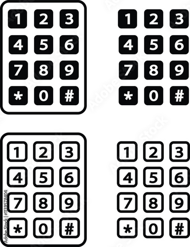 Number pad icons set. Smartphone dial keypad design. Mobile phone numbers panel with numbers and letters. Dial buttons user interface display design vector isolated on transparent background.