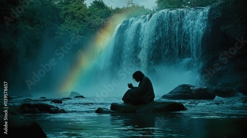 Fototapeta Naklejka Na Ścianę i Meble -  A solitary figure sits by a waterfall, bathed in the soft glow of a rainbow, in a serene natural environment..