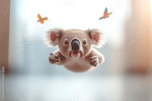 Adorable koala bear cub playfully floats, surrounded by butterflies. photo