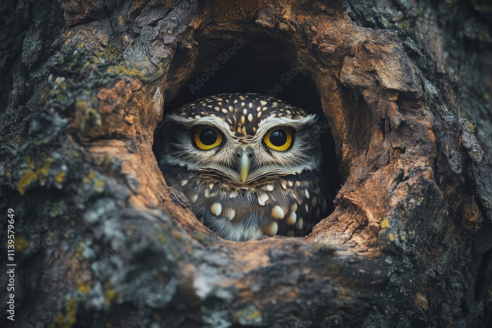Owl staring from tree hollow: close-up of wild bird Owl staring from tree hollow: close-up of wild bird