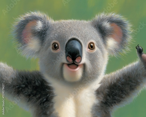 Adorable koala bear cub with welcoming gesture. photo