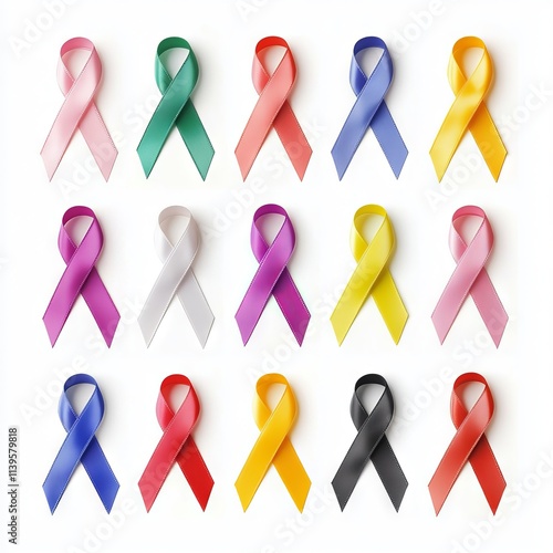 Multicolored ribbons for cancer awareness isolated on white background