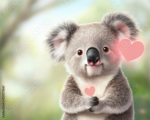 Adorable koala bear with hearts, nature background. photo