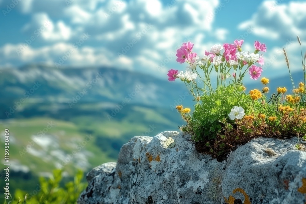 Obraz premium Pink flower growing on a rock in the mountains with a cloudy sky