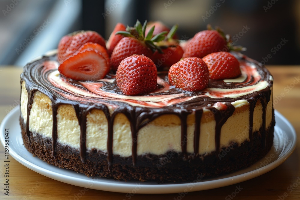 Delicious brownie cheesecake with strawberries and chocolate drizzle being sliced Delicious brownie cheesecake with strawberries and chocolate drizzle being sliced